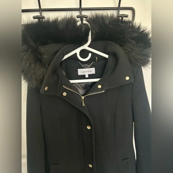 Calvin Klein Black Wool Coat with detachable faux fur hood size small - Picture 2 of 3